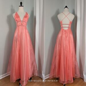 Vintage Dave Johnny Prom Dress Maxi Gown 4 Orange Peach Y2K Fairy Princess Glam